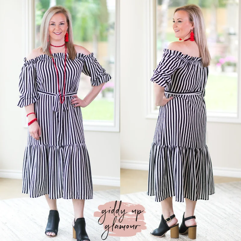 ladies-midi-dress-linen-light-Jailhouse Rock Off The Shoulder Striped Midi Maxi Dress in Black