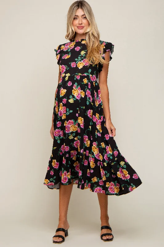 ladies-midi-dress-pastel-peace-Black Floral Ruffle Shoulder Mock Neck Maternity Midi Dress