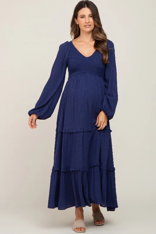 ladies-midi-dress-ruched-rhythm-Navy Blue Smocked Tiered Maternity Midi Dress