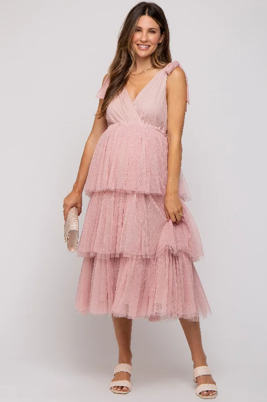 ladies-midi-dress-white-whisper-Pink Sleeveless Tiered Tie Strap Tulle Maternity Midi Dress