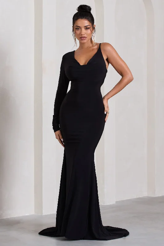 ladies-maxi-dress-sky-silk-At Dusk | Black One-Sleeved Cowl-Neck Fishtail Maxi Dress