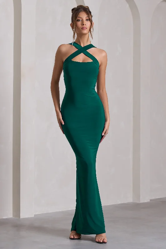 ladies-maxi-dress-purple-prance-Cross My Heart | Bottle Green Sleeveless Cross-Neck Maxi Dress