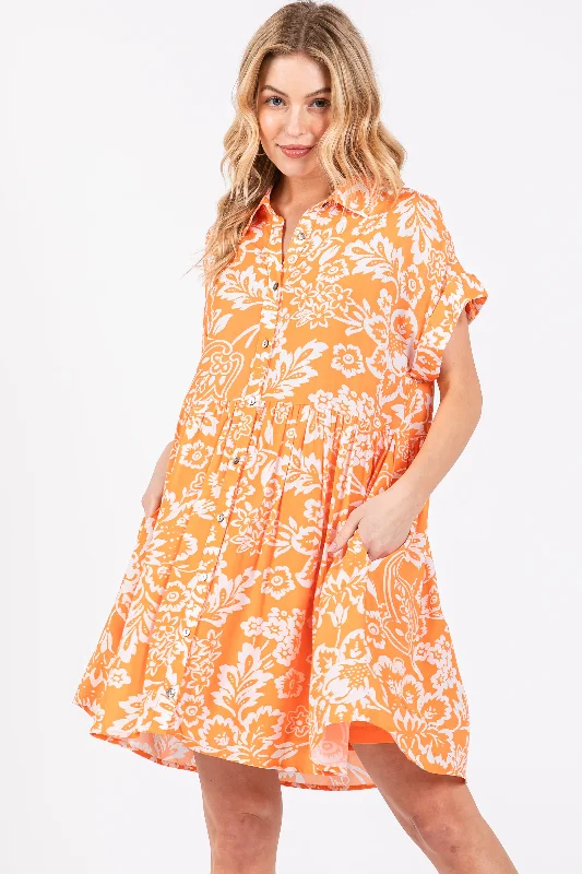 ladies-floral-dress-ochre-opulence-Orange Floral Button Front Collared Dress