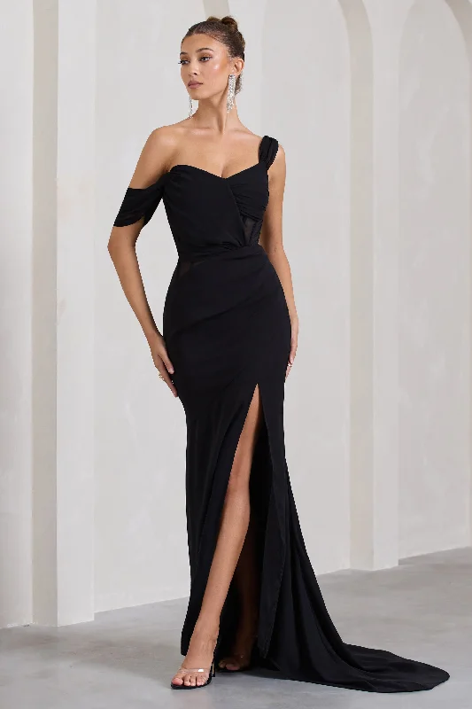 ladies-maxi-dress-evening-ember-Fatal Attraction | Black Chiffon Fishtail Maxi Dress With Draped Sleeves