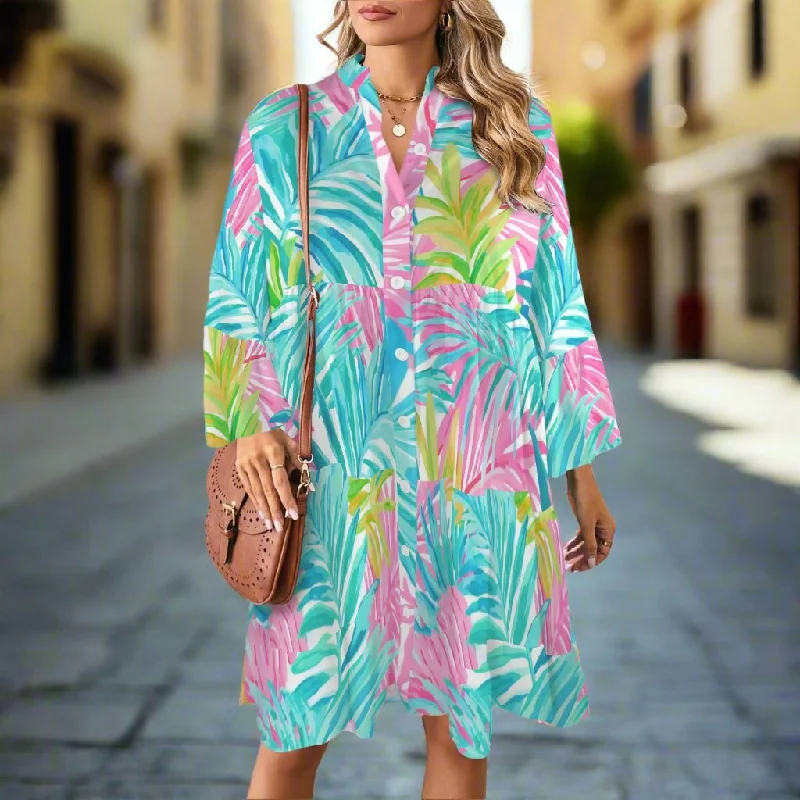 ladies-floral-dress-taupe-tide-Women's Resort Knee-Length Tunic Dress, Los Cabos Tropical Floral