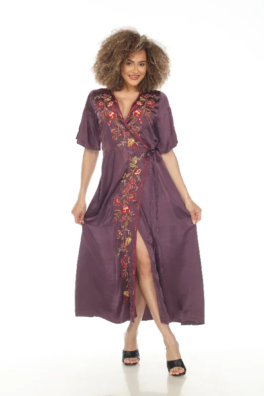 ladies-floral-dress-shimmer-sprig-Johnny Was Workshop Lilith Satin Floral Embroidered Wrap Dress Boho Chic W32223*