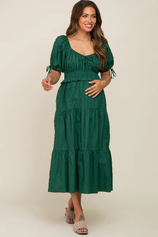 ladies-midi-dress-glam-gleam-Forest Green Shirred Front Tie Short Sleeve Tiered Maternity Midi Dres