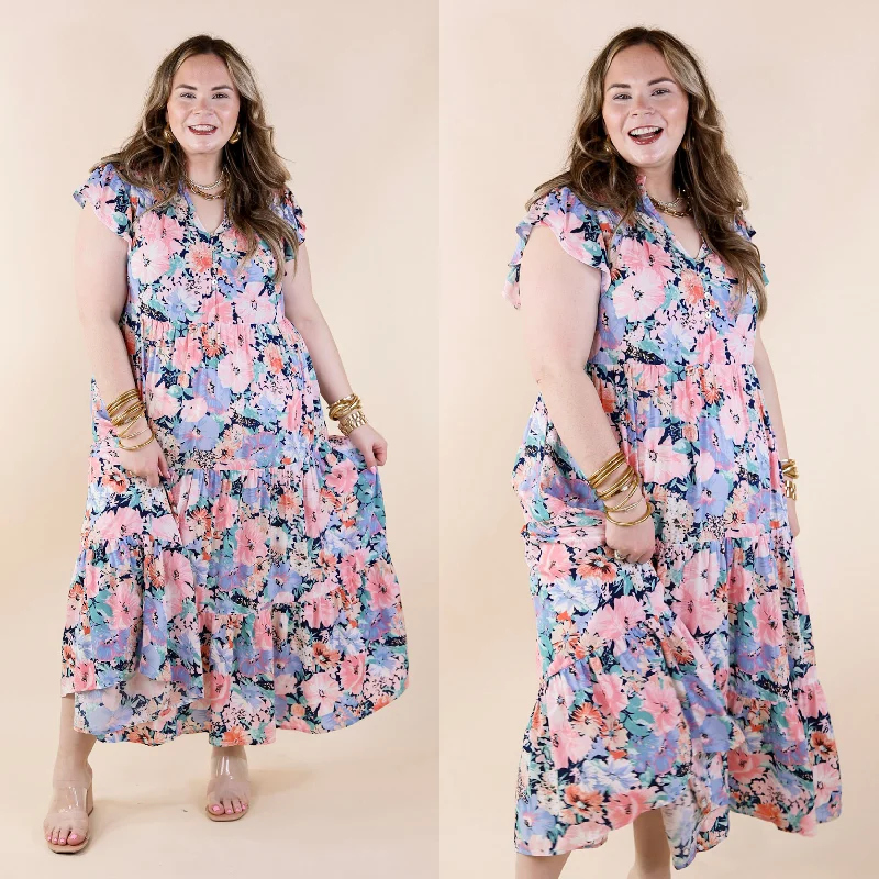 ladies-midi-dress-solid-serenity-Strolling Down Sunset Floral Tiered Midi Dress in Pink and Blue Mix