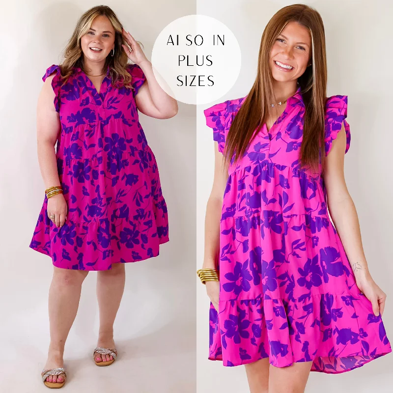 ladies-floral-dress-photo-petal-Last Chance Size Small & Large | All Of A Sudden Ruffle Cap Sleeve Floral Short Dress in Magenta Mix