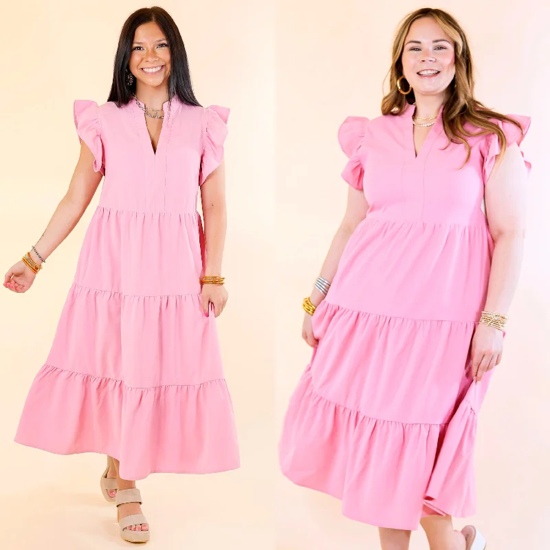 ladies-midi-dress-beige-bliss-Magnolia Morning Ruffle Cap Sleeve Tiered Midi Dress in Pink