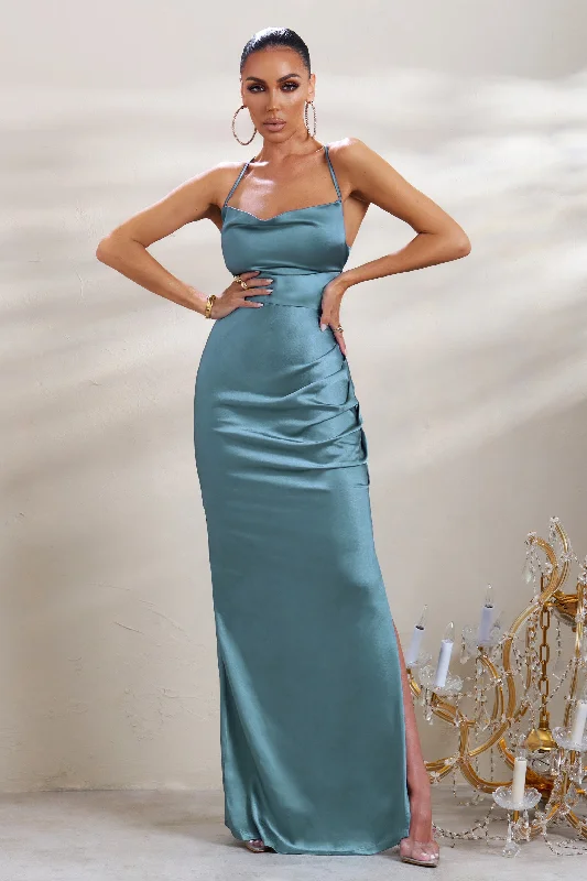 ladies-maxi-dress-halter-haze-A-List | Blue Satin Cowl Maxi Dress With Thigh Split