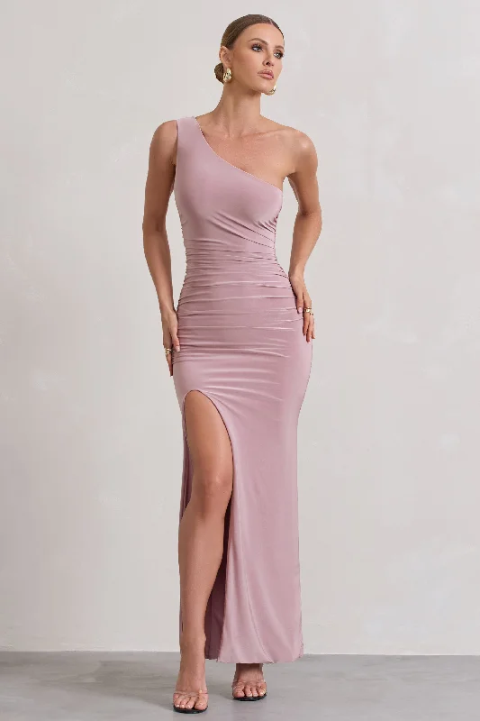 ladies-maxi-dress-mint-mirth-Ethereal | Dusky Lilac One Shoulder Ruched Split Maxi Dress