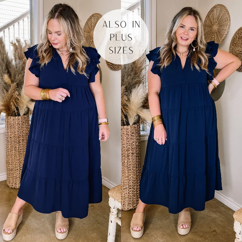 ladies-midi-dress-metallic-muse-All Of A Sudden Tiered Midi Dress with Ruffle Cap Sleeves in Navy Blue