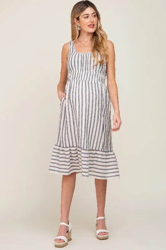 ladies-midi-dress-sunset-sway-Blue Striped Sleeveless Ruffle Hem Maternity Midi Dress