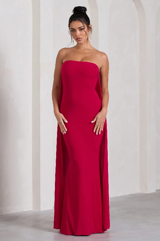 ladies-maxi-dress-indigo-illume-Christina | Red Bandeau Sleeveless Maxi Dress With Cape