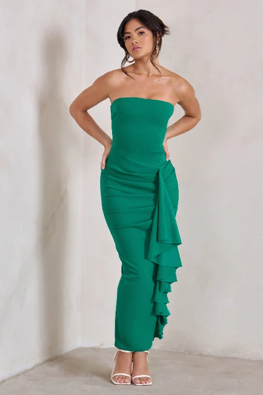 ladies-maxi-dress-color-charm-Fleur | Green Bandeau Ruffle Maxi Dress