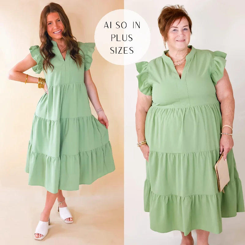 ladies-midi-dress-flared-finesse-Last Chance Size Small, Medium & XL | Magnolia Morning Ruffle Cap Sleeve Tiered Midi Dress in Sage Green