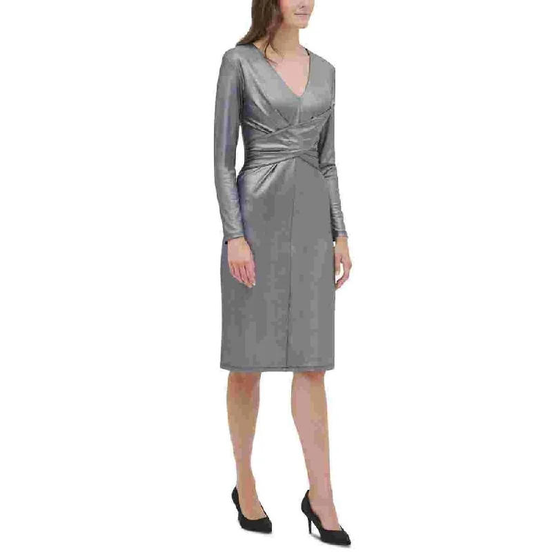 Women's party dress square neck -Tommy Hilfiger Women's Silver 3/4 Sleeve V Neck Below The Knee Party Dress Blue Size 6