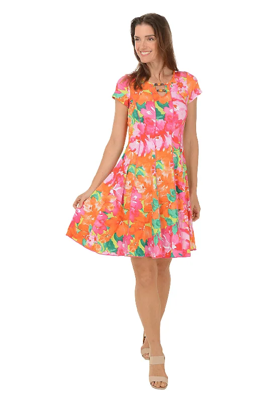 ladies-floral-dress-peach-petal-Floral Confetti Beaded Neck Seamed Dress