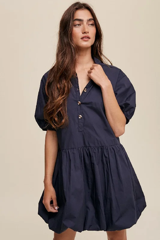 Women's mini dress gleam chic -Navy Button Front Bubble Mini Dress