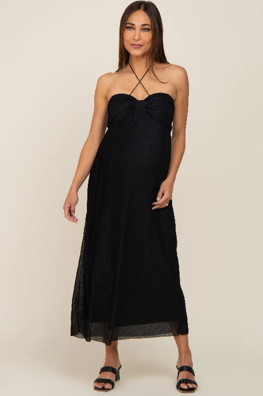 ladies-midi-dress-elegant-essence-Black Pleated Cross Front Halter Maternity Midi Dress