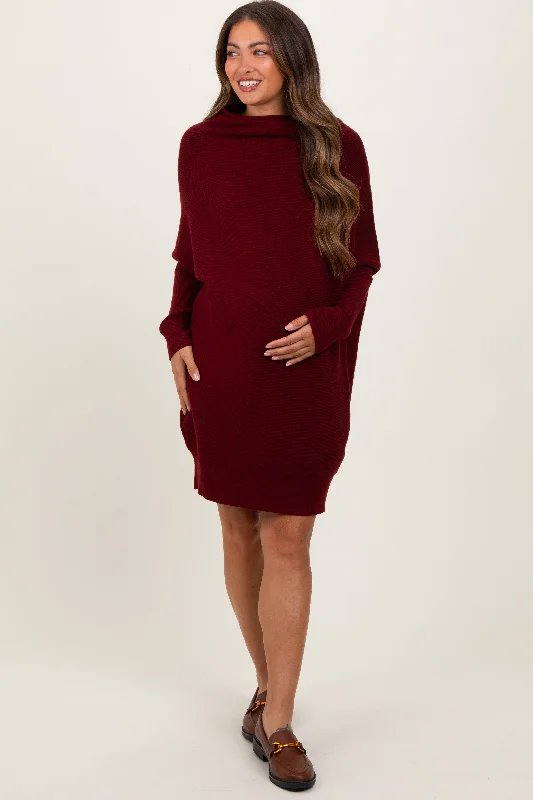 Women's mini dress fall flair -Burgundy Funnel Neck Dolman Sleeve Maternity Mini Dress