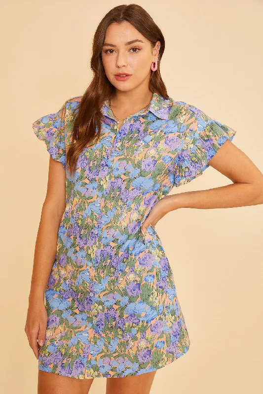 Women's mini dress link flair -Blue Multi Floral Printed Frill Sleeve Shirt Mini Dress