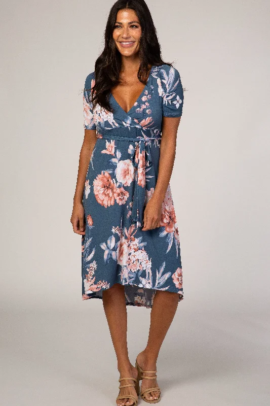 ladies-floral-dress-rust-rose-Blue Floral Draped Hi-Low Dress