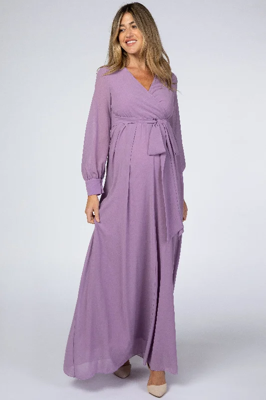 ladies-maxi-dress-insta-illume-Violet Chiffon Long Sleeve Pleated Maternity Maxi Dress