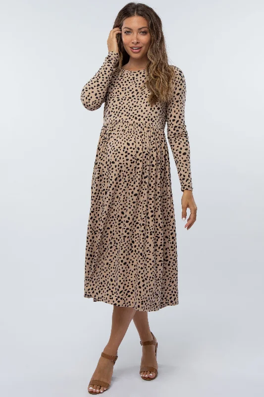 ladies-midi-dress-chartreuse-charm-Taupe Abstract Animal Print Maternity Midi Dress