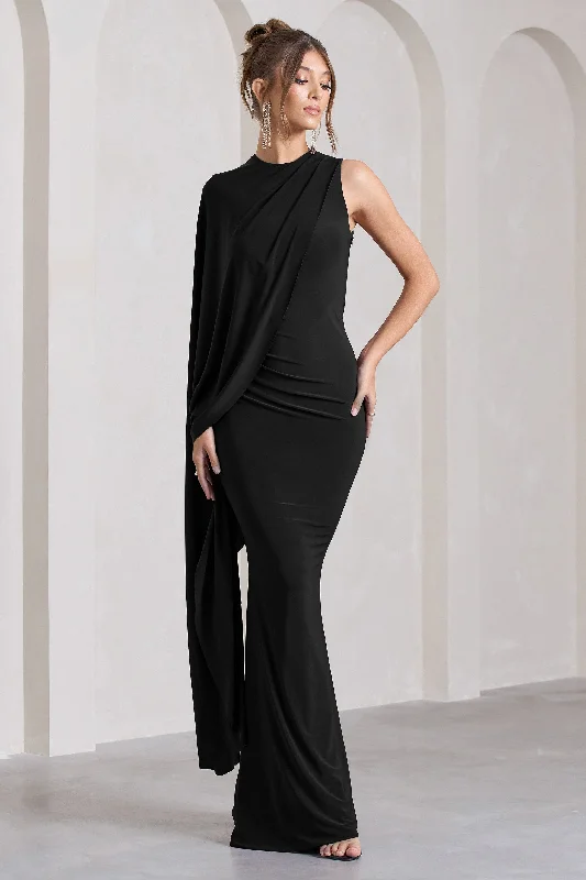 ladies-maxi-dress-high-neck-hush-Unveil | Black One-Sleeve Cape Maxi Dress