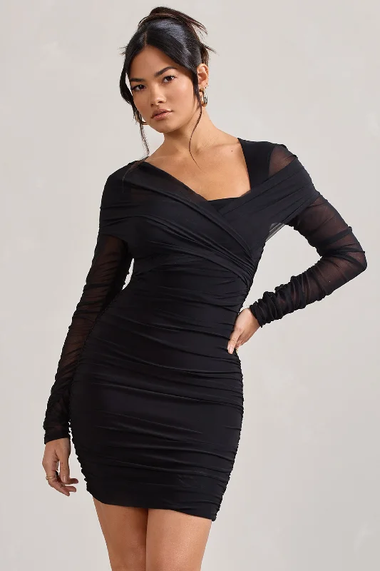 Women's bodycon dress gem flair -Sparks Fly | Black Ruched Mesh Long-Sleeved Bodycon Mini Dress