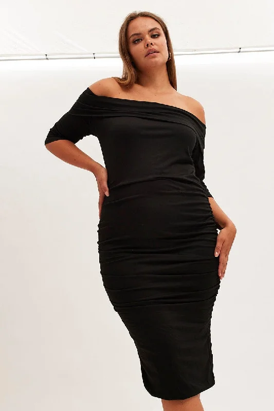 Women's bodycon dress wed pop -Black Midi Dress Off Shoulder Bodycon Jersey