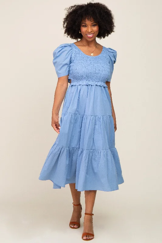 ladies-midi-dress-boho-breeze-Blue Smocked Tiered Ruffle Midi Dress