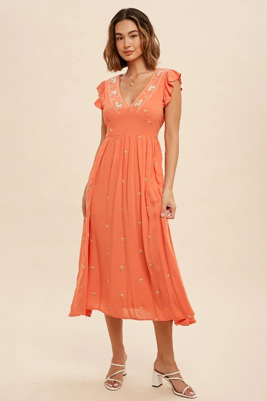 ladies-midi-dress-cut-out-charm-Coral  Floral Embroidered V Neck Midi Dress