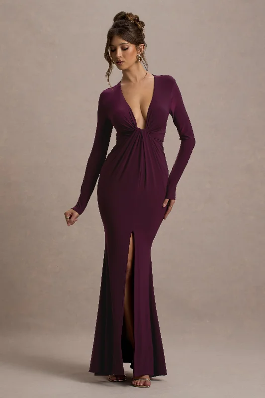 ladies-maxi-dress-keyhole-kiss-Aluna | Plum Plunge-Neck Twisted Split Maxi Dress