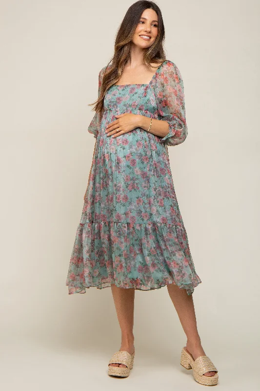 ladies-midi-dress-zip-front-zen-Mint Green Floral Shimmer Chiffon Square Neck Maternity Midi Dress