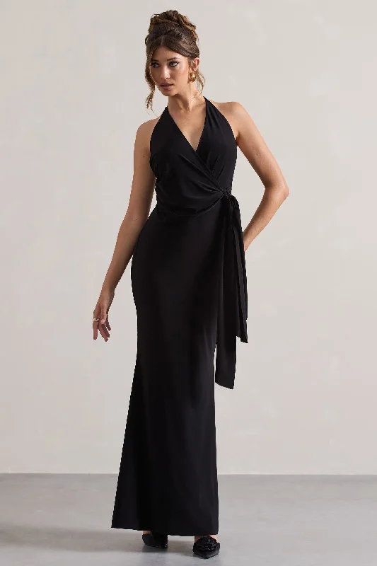 ladies-maxi-dress-yellow-yield-Janelle | Black Halter-Neck Gathered Drape Maxi Dress