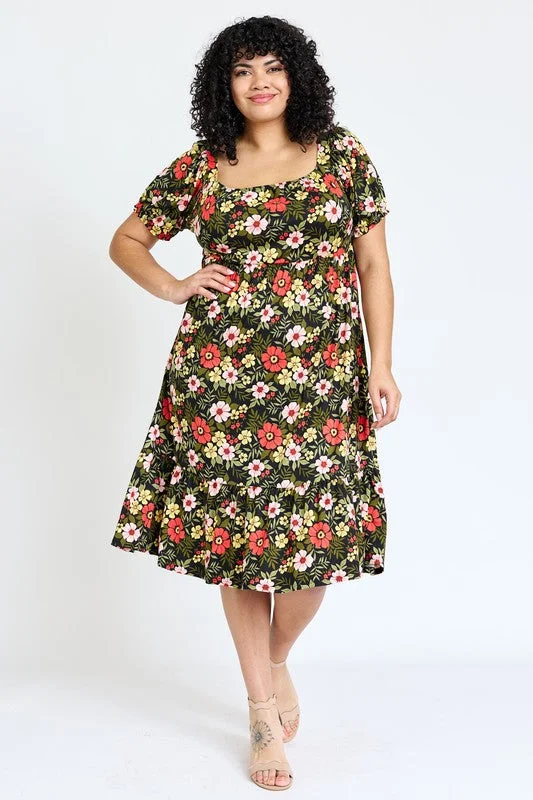 ladies-floral-dress-lily-lift-Plus Floral Square Neck Puff Sleeve Boho Dress | Made in the USA