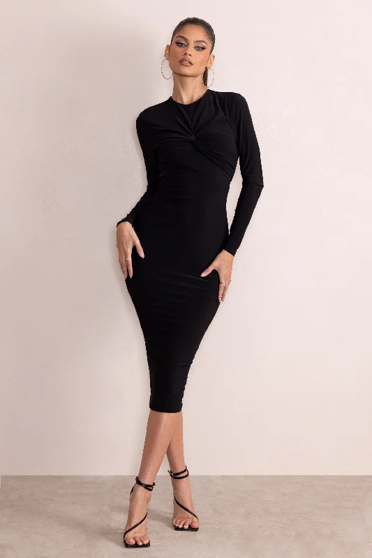 Women's bodycon dress earth glow -Anna | Black High Neck Twist Front Bodycon Midi Dress With Long Sleeves