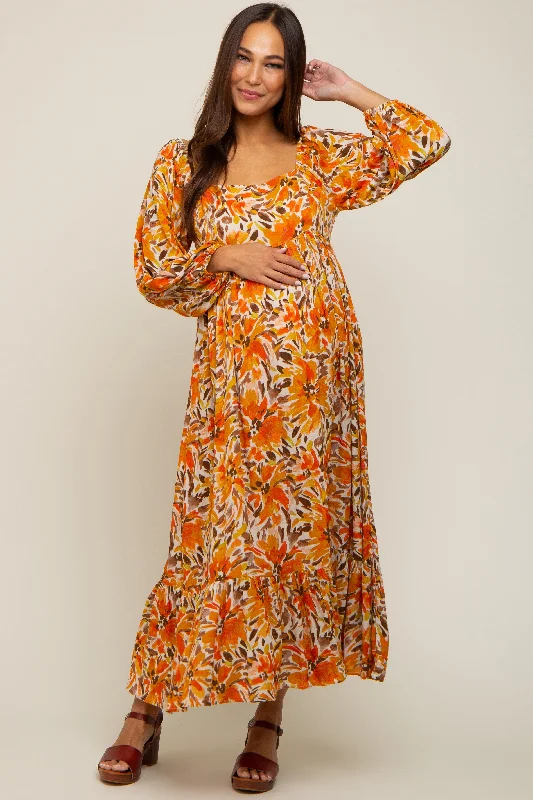 ladies-midi-dress-flowy-freedom-Orange Floral 3/4 Sleeve Maternity Midi Dress