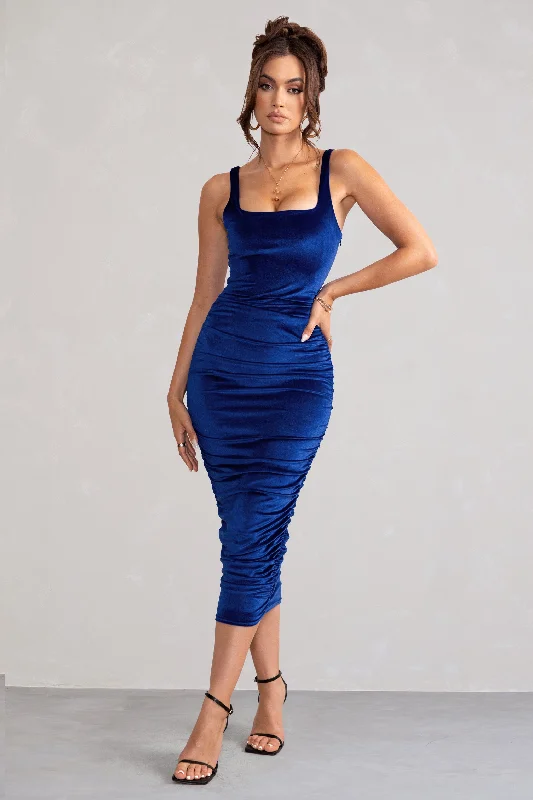 Women's bodycon dress wild flair -Beauty | Royal Blue Velvet Square Neck Bodycon Midi Dress