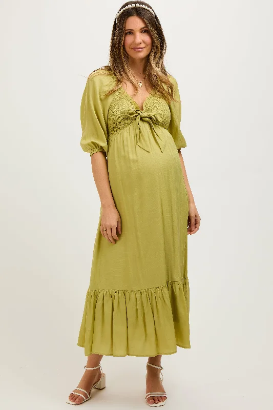 ladies-midi-dress-beaded-beauty-Light Olive Smocked Front Tie Maternity Midi Dress