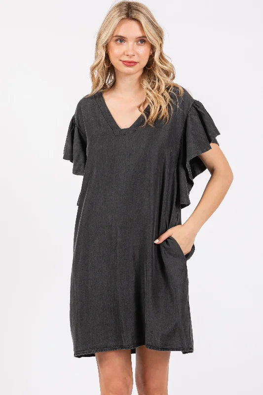 Women's mini dress veil flair -Charcoal Ruffle Sleeve Mini Dress