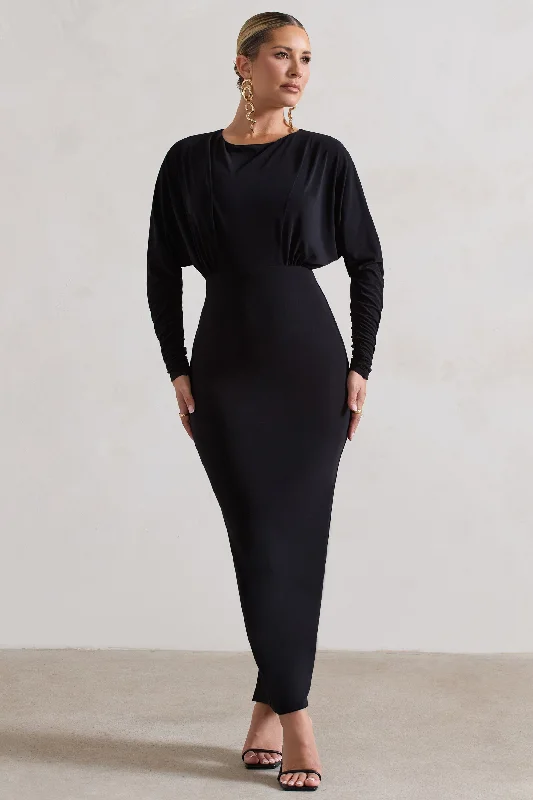 ladies-maxi-dress-sapphire-sweep-All It Takes | Black Long-Sleeve Draped Maxi Dress