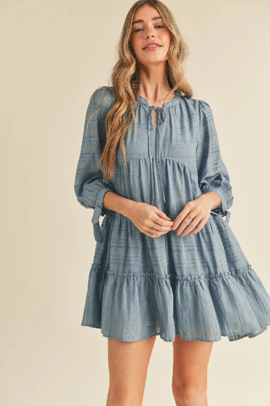 Women's mini dress honey pop -Dusty Denim Blue Tiered Long Sleeve Mini Dress