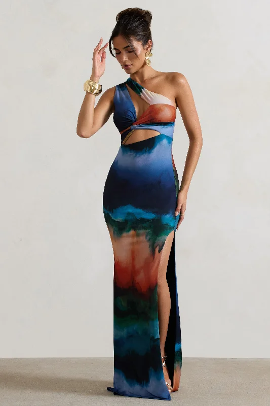 ladies-maxi-dress-prom-poise-Mykonos | Multi Blur Print Asymmetric Cut-Out Split Maxi Dress