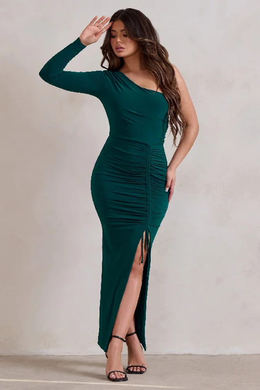 ladies-maxi-dress-embroidered-essence-Mystical | Bottle Green One Shoulder Maxi Dress With Side Split