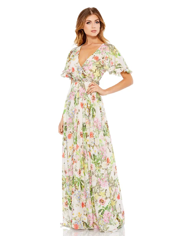 ladies-floral-dress-a-line-azalea-Floral Print Faux Wrap Flutter Sleeve A Line Gown