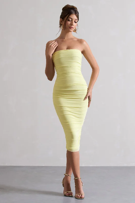 Women's bodycon dress sheer chic -My Girl | Lemon Strapless Bodycon Ruched Mesh Midi Dress